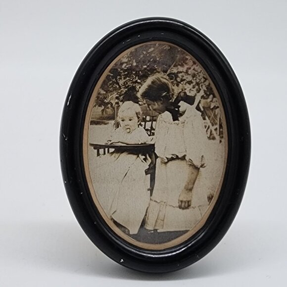 Vintage Oval Framed Sepia Photo Of Two Children Baby Highchair Tongue Out - Picture 1 of 8